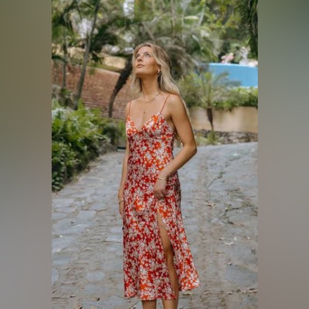 Spaghetti Strap Red Floral Midi Dress - Picture 3 of 5